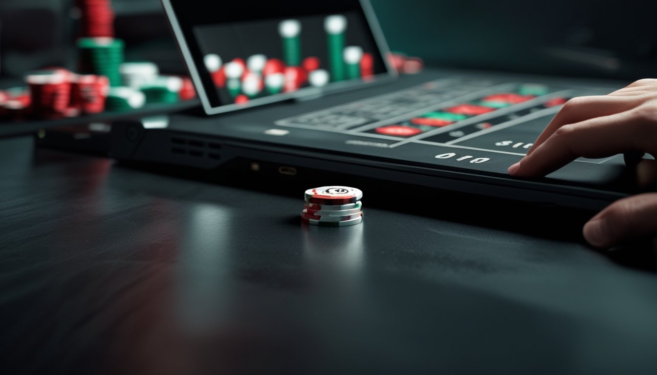 Laptop menampilkan meja roulette online dengan satu chip taruhan di dekat roda roulette.