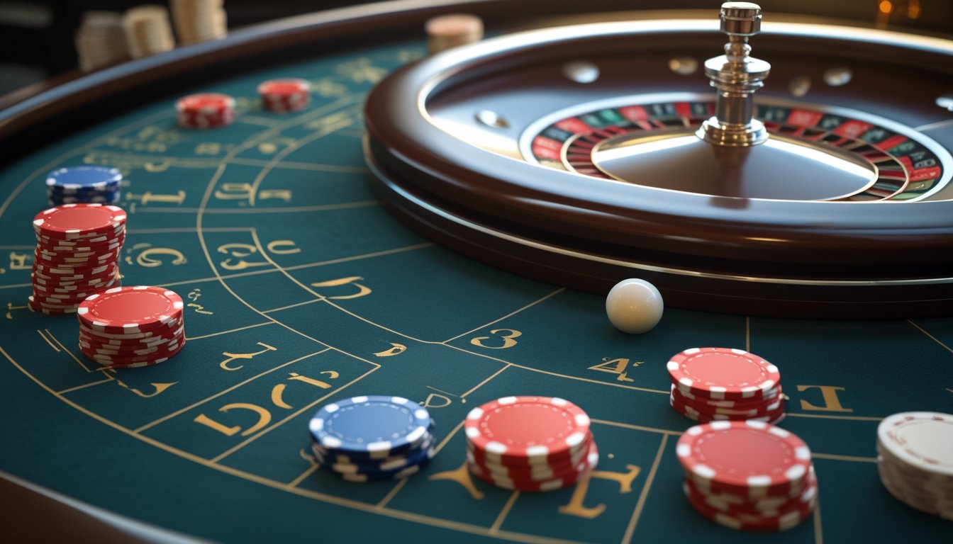 Roda roulette dengan bola putih dan keping taruhan yang tersusun di atas meja hijau.