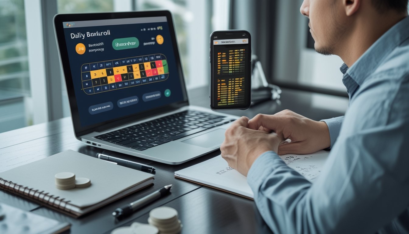 Seseorang mengatur anggaran harian di meja kerja dengan laptop, kalkulator, catatan kosong, dan beberapa keping chip roulette.