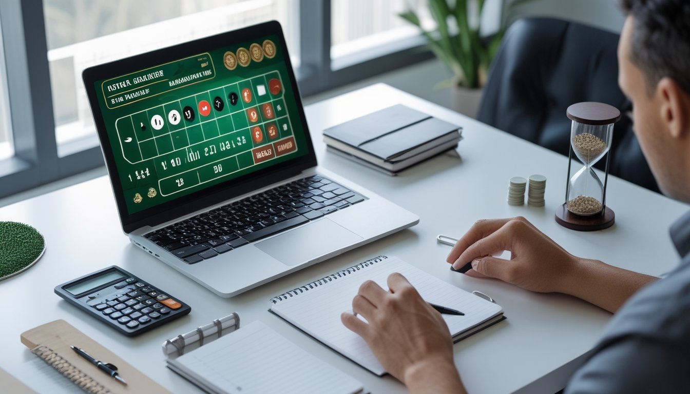 Seseorang meninjau anggaran dan batas taruhan di meja kerja dengan laptop, kalkulator, buku catatan kosong, serta keping roulette yang tertata.