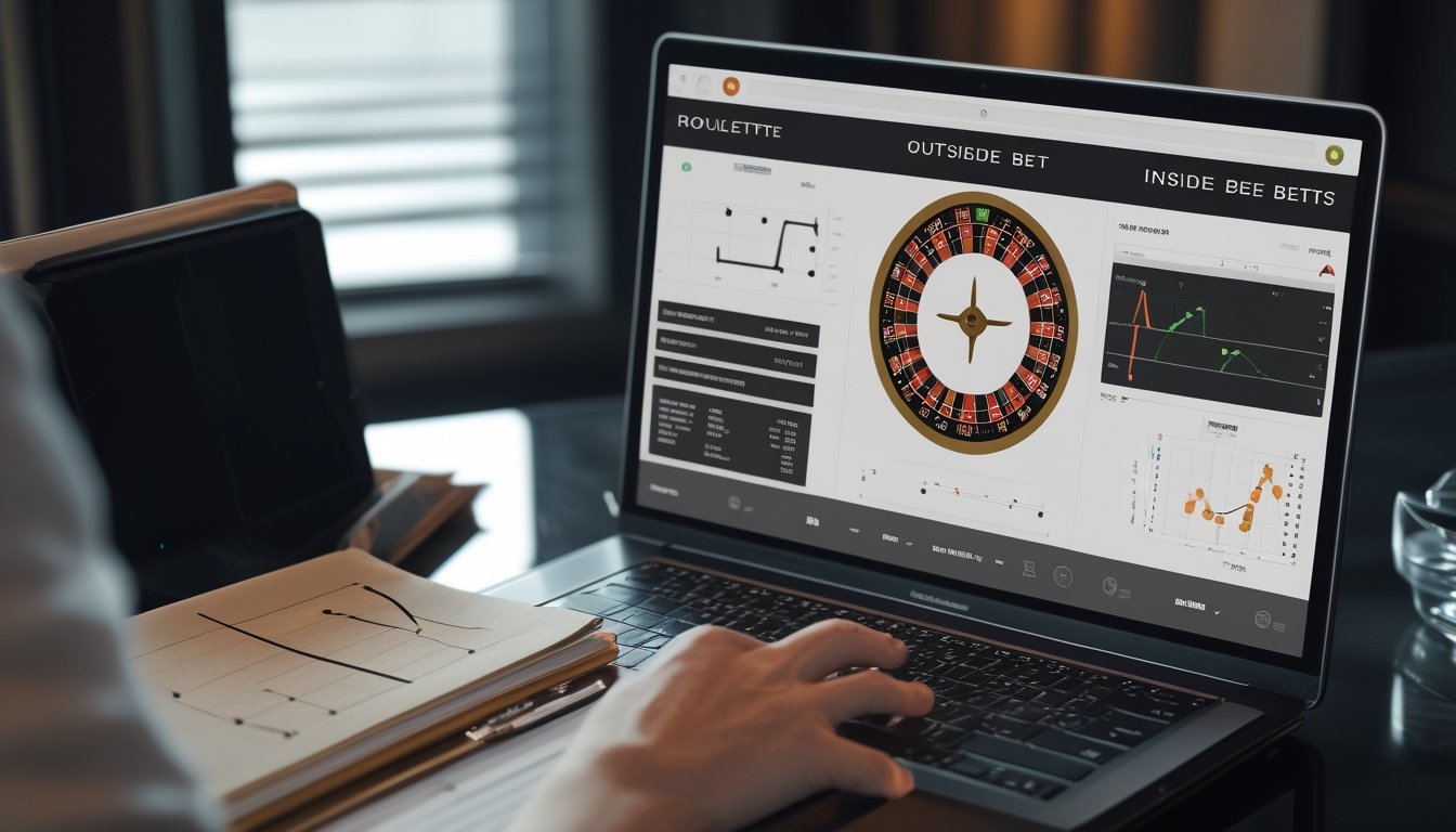 Tampilan roulette digital dengan roda roulette, chip, dan visualisasi analisis probabilitas di meja kerja modern.