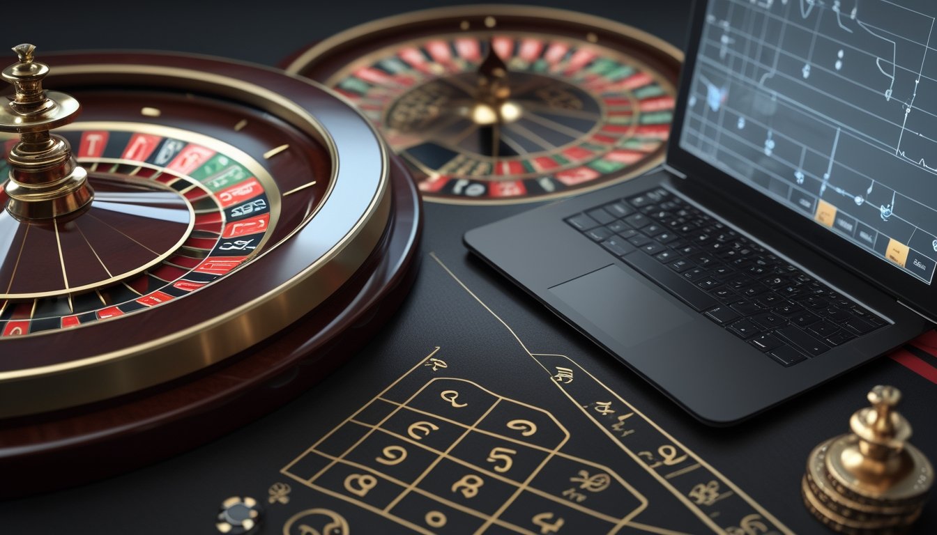 Meja roulette dengan roda, keping taruhan, dan grafik probabilitas abstrak pada layar.