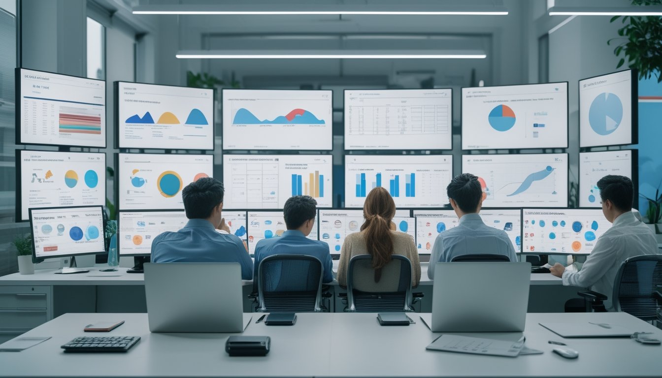 Sekelompok analis dewasa memeriksa grafik data abstrak pada beberapa monitor di kantor modern.