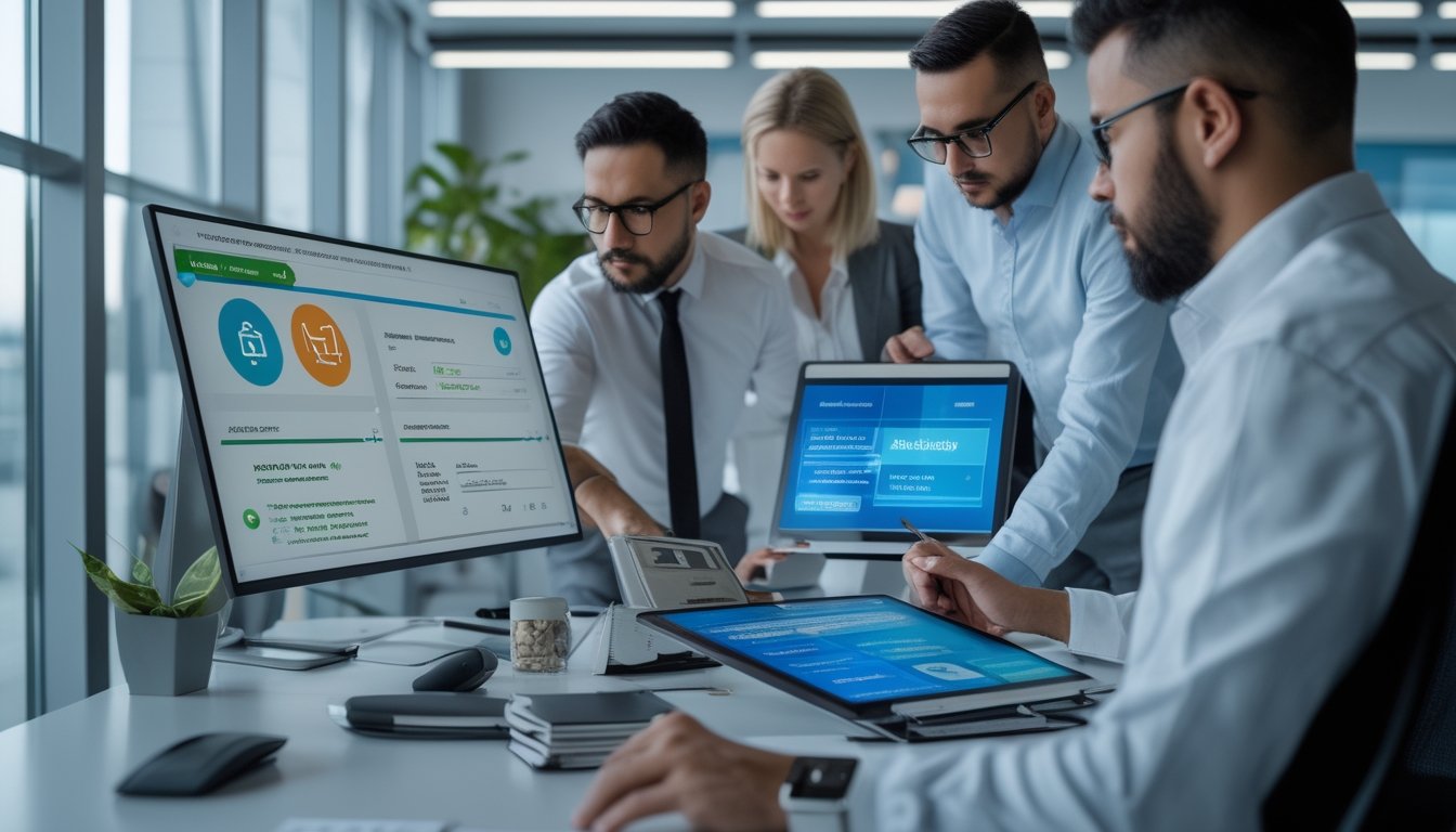 Tim profesional meninjau dokumen kepatuhan dan keamanan digital di kantor modern.