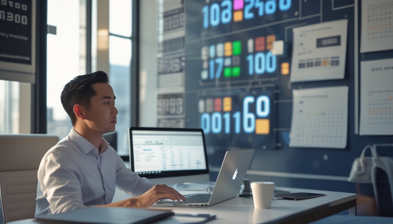 Seorang profesional sedang merencanakan strategi angka di meja kerja modern dengan laptop dan catatan.