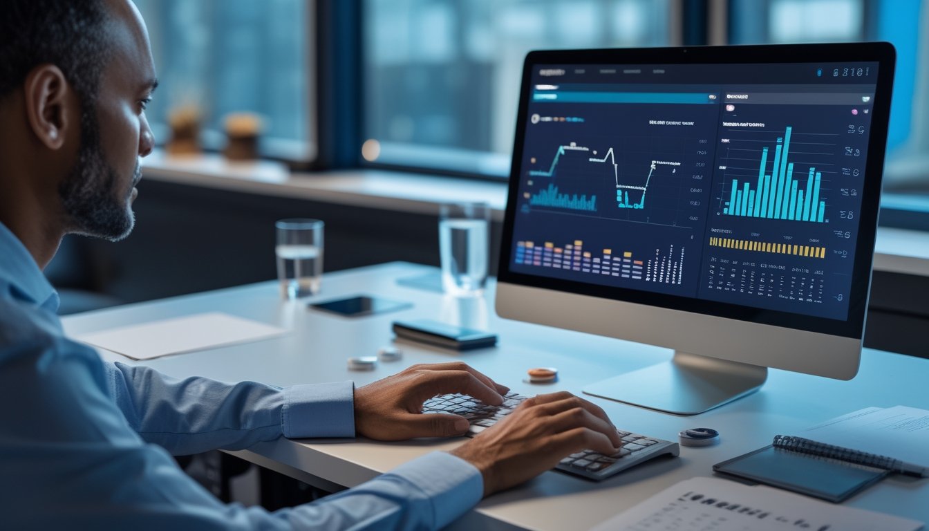 Seorang analis dewasa mempelajari grafik probabilitas dan pola data di laptop pada meja kerja modern.