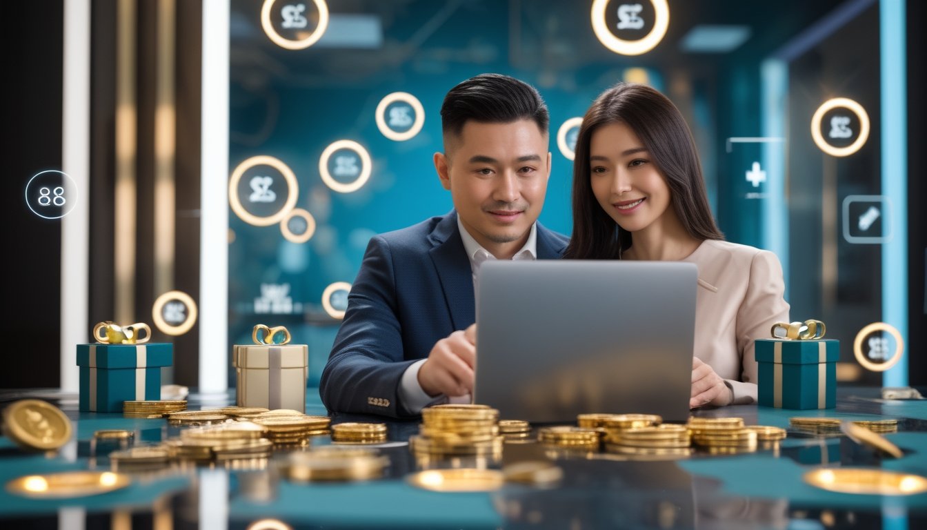 Dua orang dewasa meninjau promosi hadiah di ruang modern dengan laptop, tablet, koin emas, dan kotak hadiah.