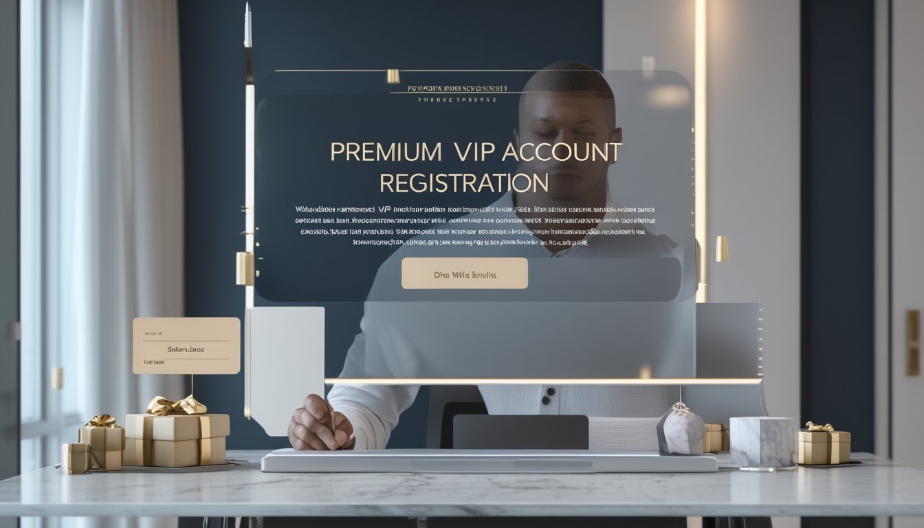 Orang dewasa menggunakan laptop dan ponsel untuk mendaftar akun VIP di ruang kerja modern dengan kartu keanggotaan dan hadiah kecil.
