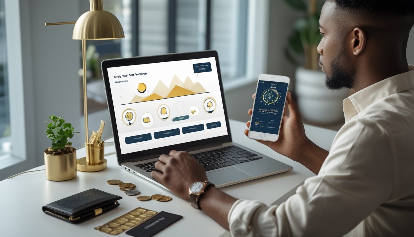 Seseorang memeriksa hadiah cashback digital melalui laptop dan ponsel di meja kerja.