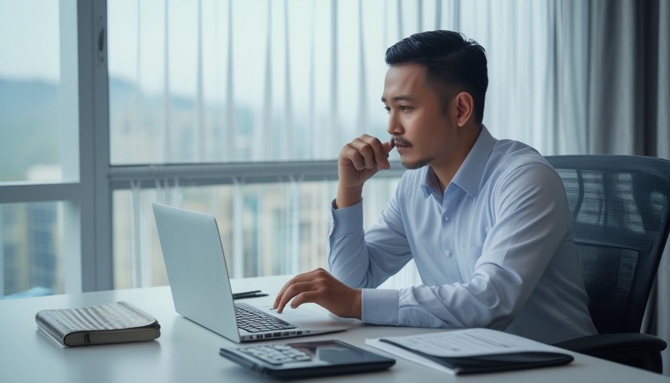 Seseorang menganalisis pola data dan probabilitas di meja kerja dengan laptop dan kalkulator.