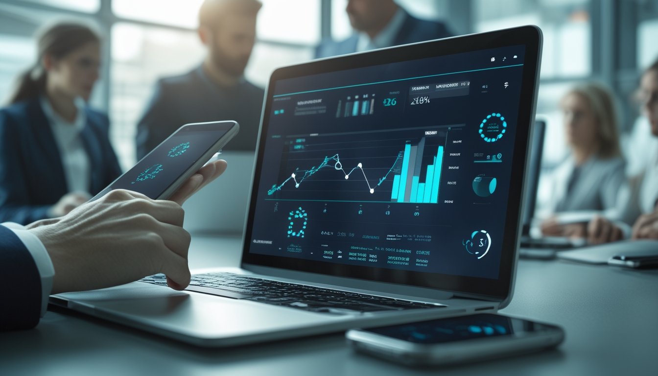 Analis meninjau grafik dan data digital pada laptop dan ponsel di ruang kerja modern.