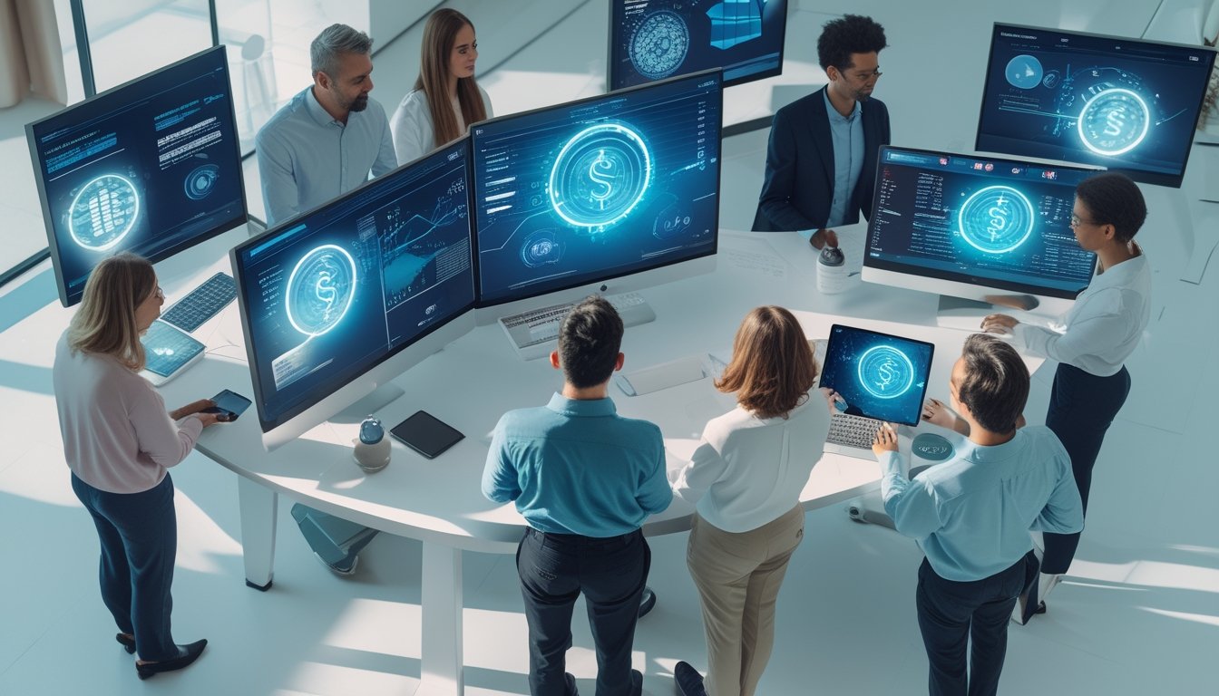 Profesional dewasa menganalisis tren data digital pada beberapa layar di kantor modern.