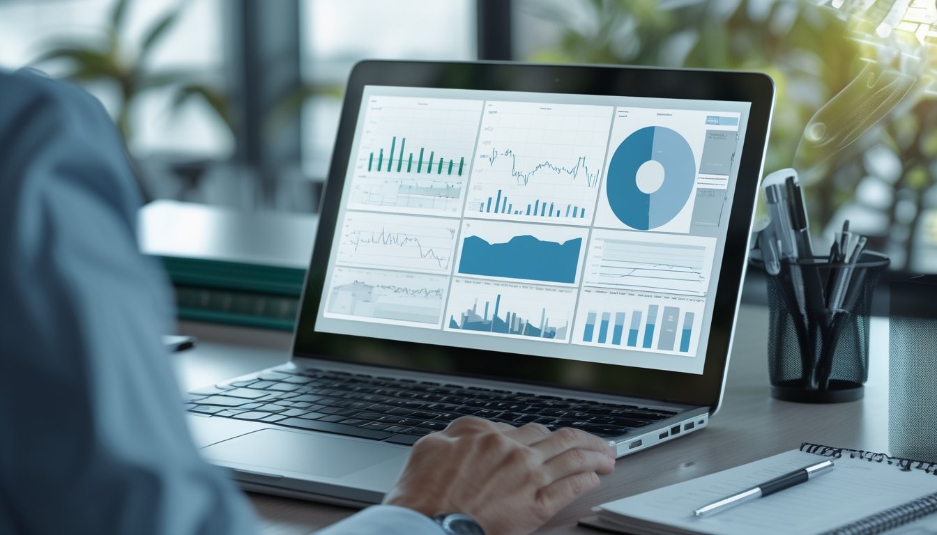 Ruang kerja analis dengan laptop berisi grafik angka dan perlengkapan pencatatan.
