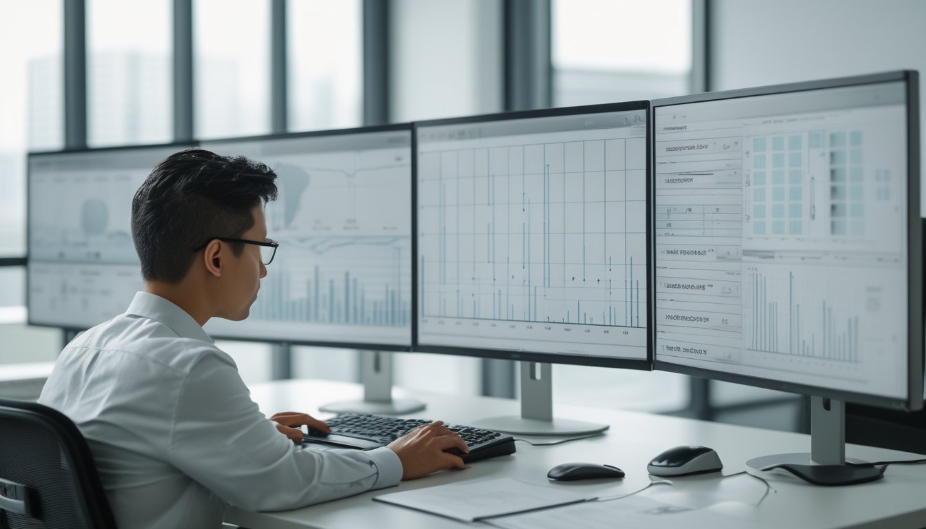 Analis sedang mempelajari pola data acak dan grafik probabilitas di ruang kerja modern.