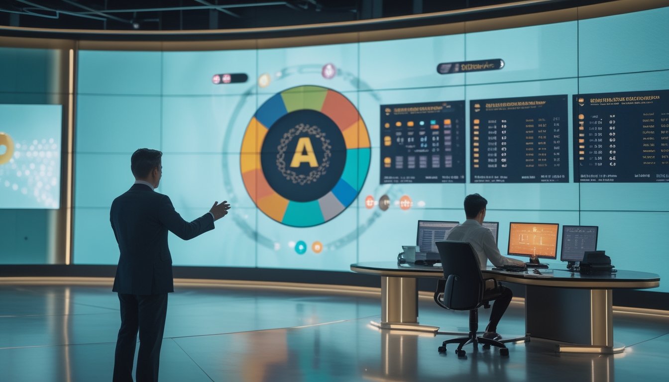 Presenter dan teknisi memantau siaran langsung dengan tampilan data digital di studio modern.