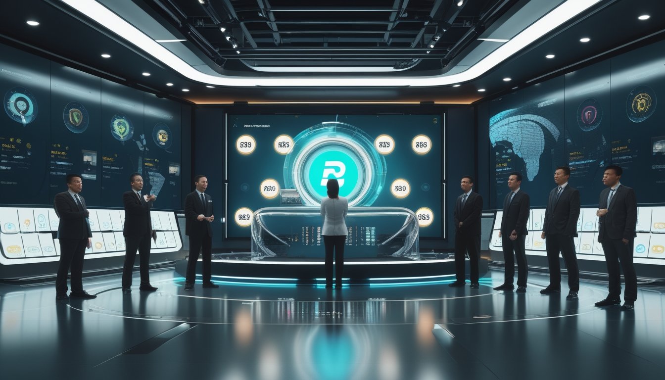 Tim profesional memantau siaran pengundian langsung melalui layar digital di studio modern.