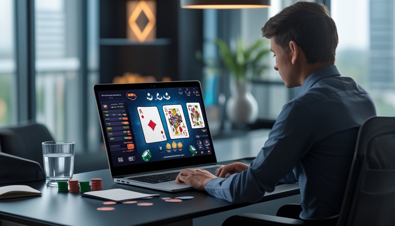 Seorang pemain fokus mempelajari permainan poker daring di laptop dengan kartu dan keping poker di meja.