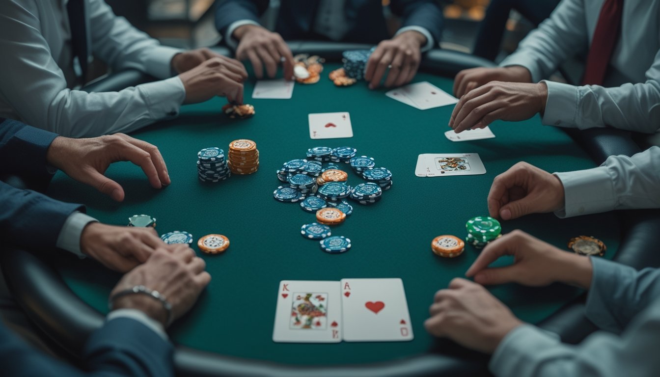 Meja poker dengan kartu dan tumpukan chip yang tertata, dikelilingi beberapa pemain.