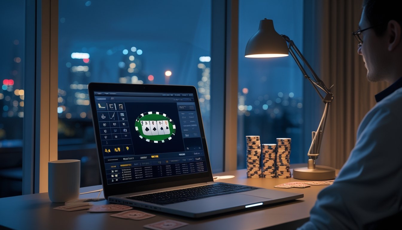 Seseorang bermain poker online pada malam hari di ruang kerja modern.