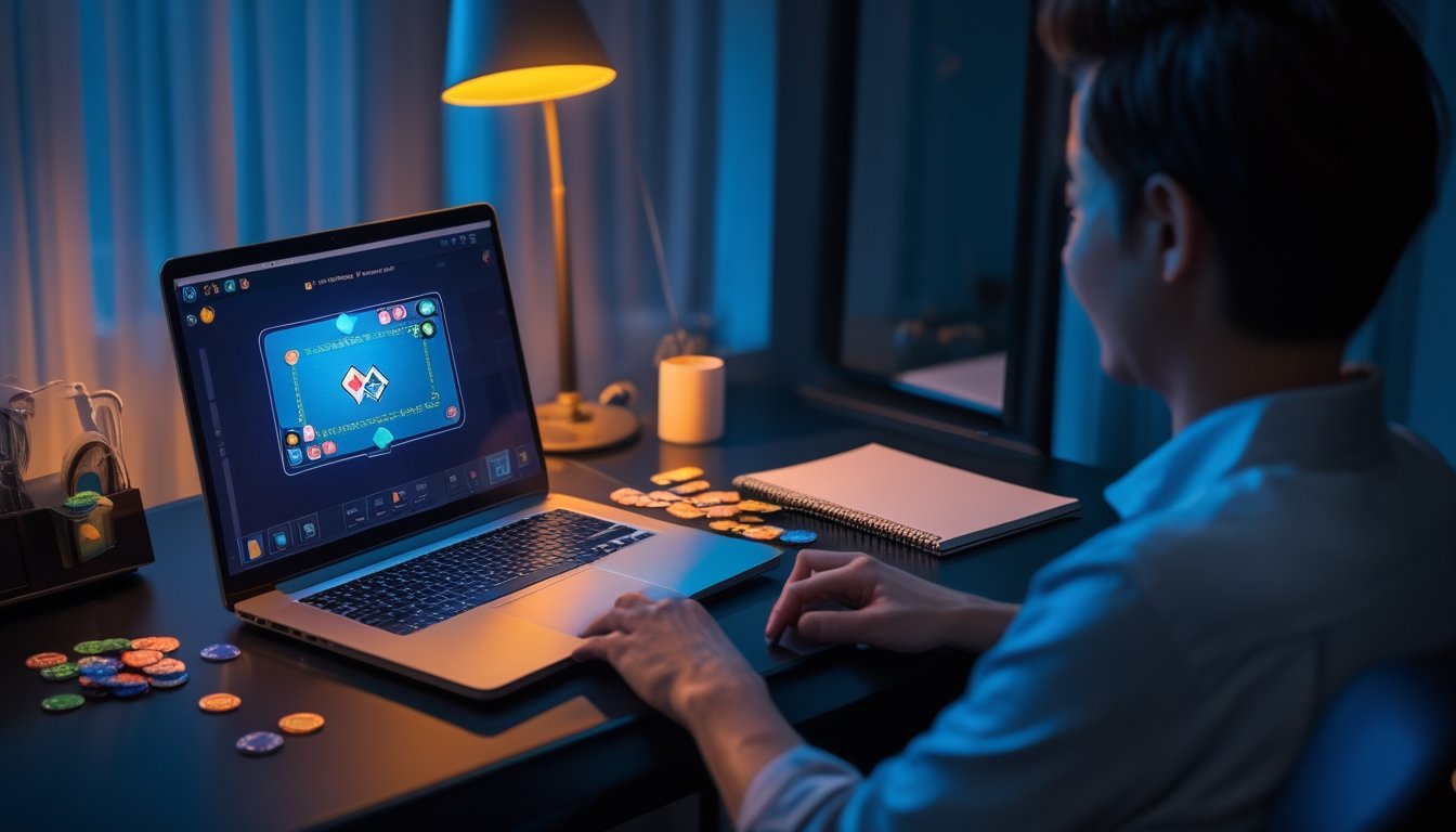 Seseorang bermain poker online di depan laptop pada malam hari dengan kartu dan keping poker di meja.