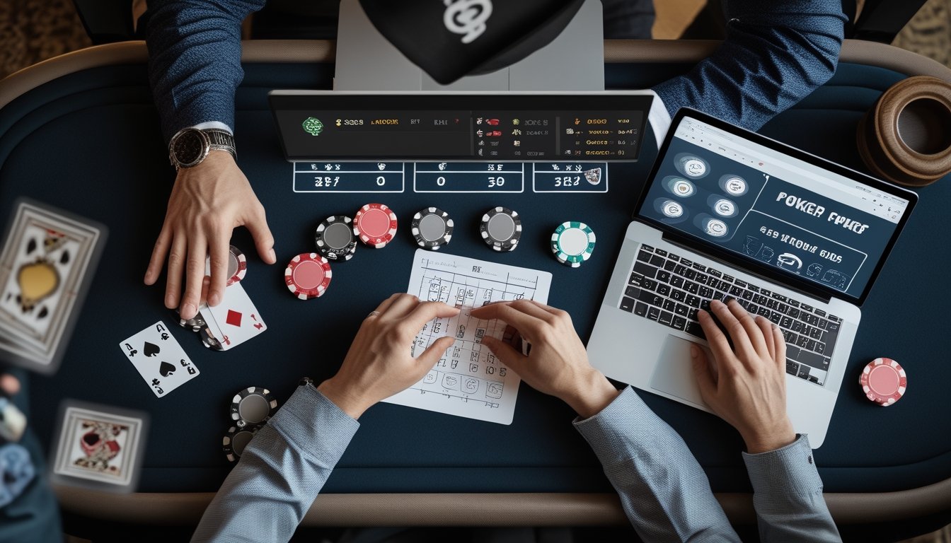 Tangan pemain menata kartu dan chip poker di samping laptop dengan grafik peluang yang buram.