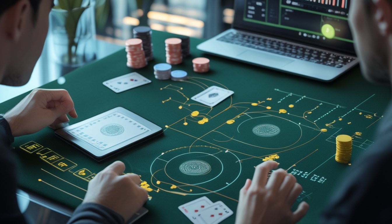 Meja poker dengan kartu, keping, laptop, dan visualisasi probabilitas untuk menghitung peluang.