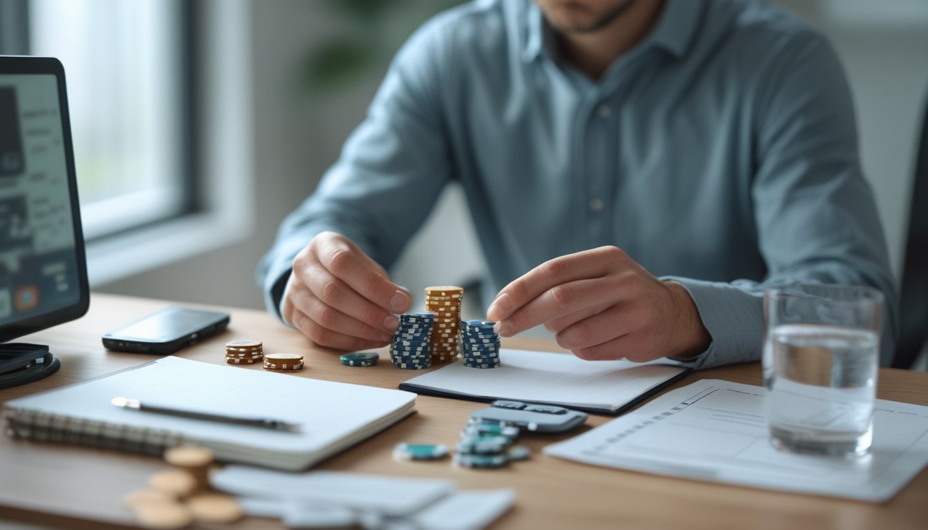 Seseorang mengatur sejumlah kecil chip poker di meja kerja bersama kalkulator, buku catatan kosong, dan ponsel.