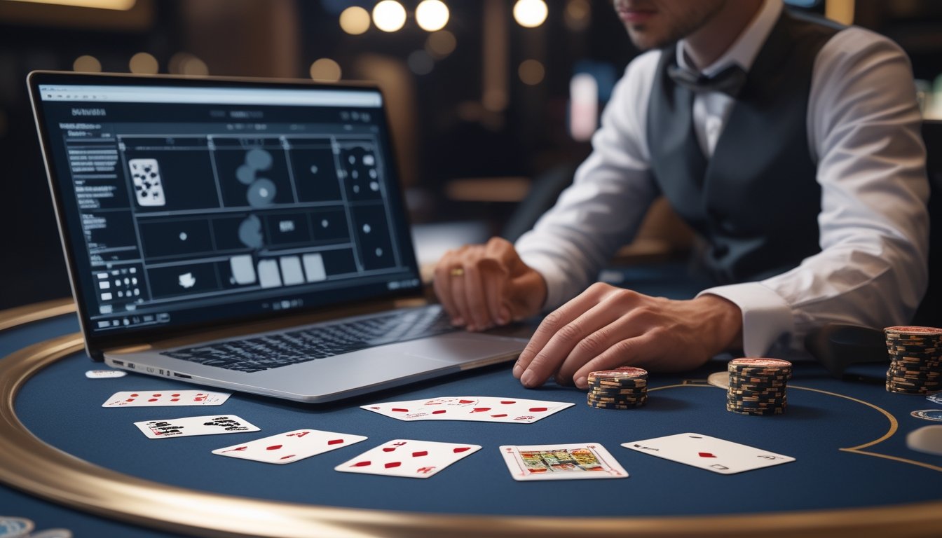 Seorang pemain poker sedang menganalisis kartu dan keping poker di meja permainan.