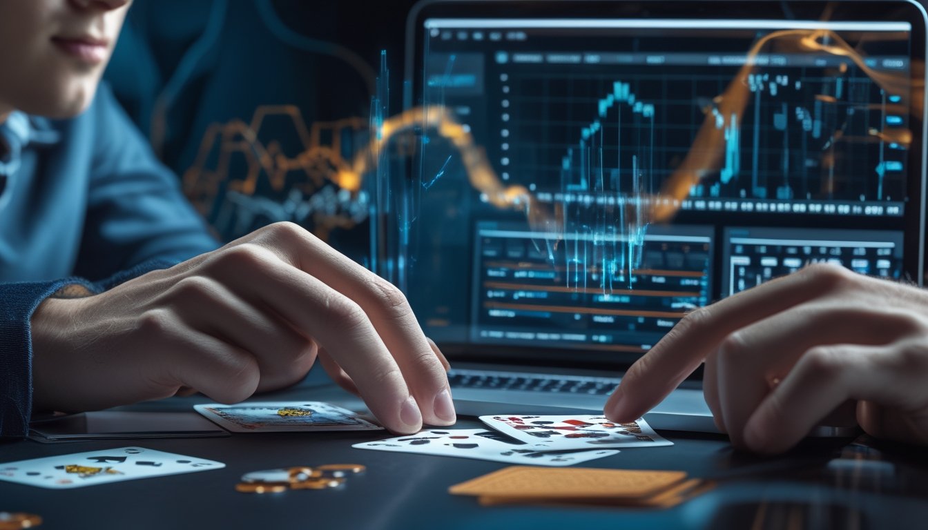 Seorang pemain poker menganalisis kartu di samping laptop dengan visualisasi data abstrak.