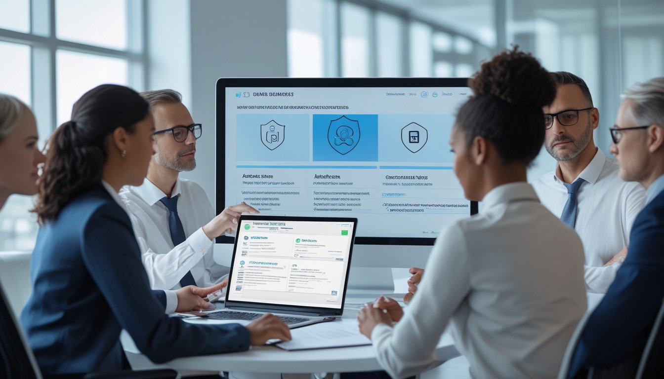 Sekelompok profesional memeriksa dashboard keamanan dan kepatuhan platform poker online di kantor modern.
