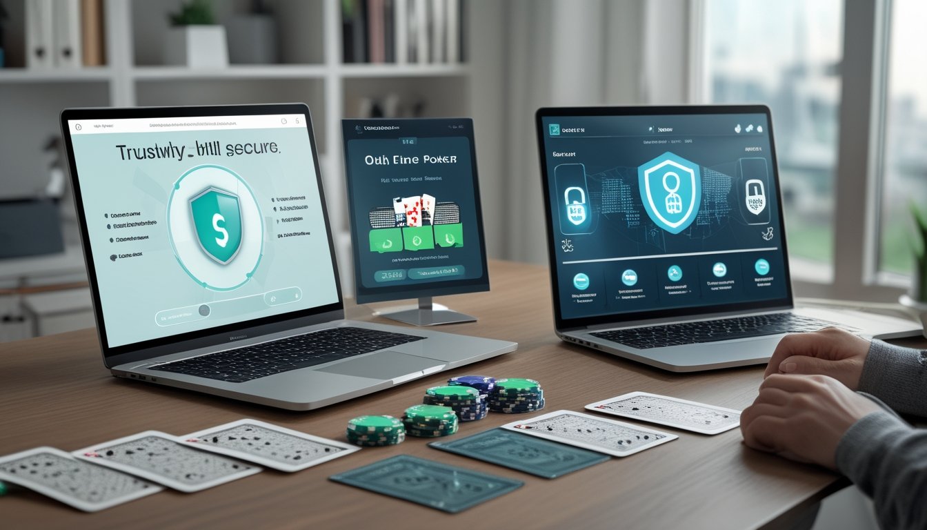Seseorang membandingkan platform poker online di laptop dengan simbol keamanan, kartu, dan chip poker di meja.