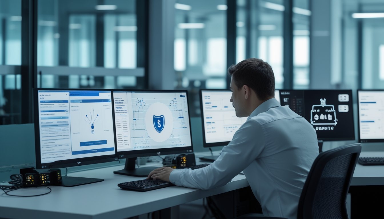 Analis keamanan siber memeriksa dashboard keamanan server di ruang kerja modern.