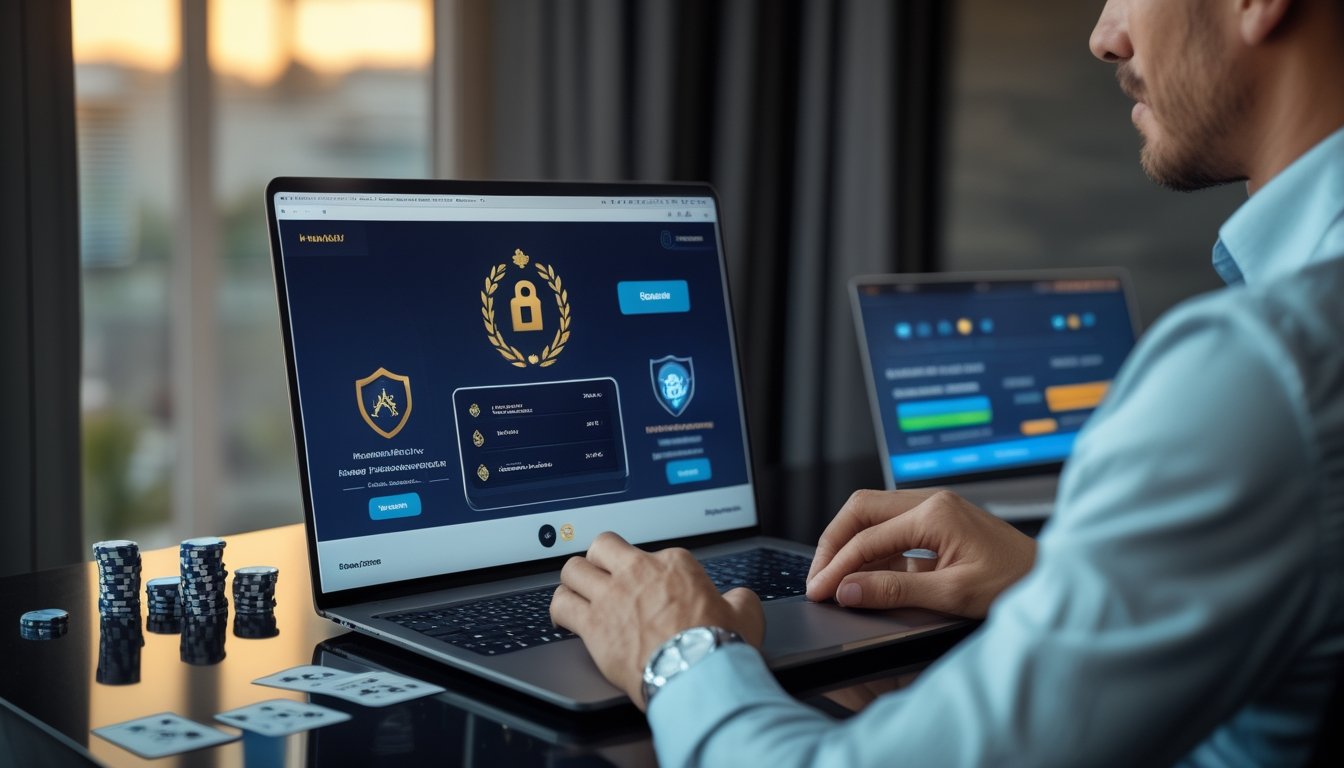 Orang dewasa menggunakan laptop dengan antarmuka poker daring, dikelilingi kartu, chip poker, dan simbol keamanan.