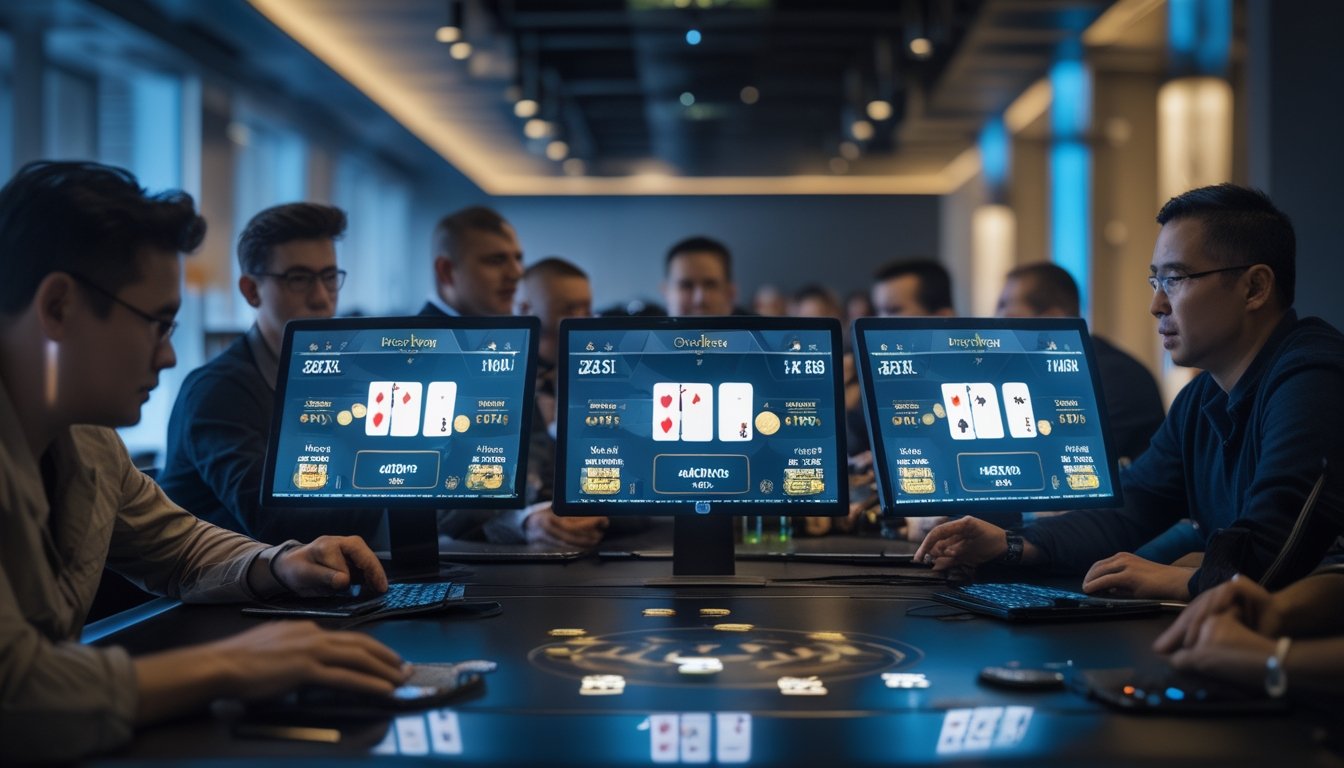 Sekelompok pemain dewasa bermain poker online menggunakan komputer di ruang permainan modern.
