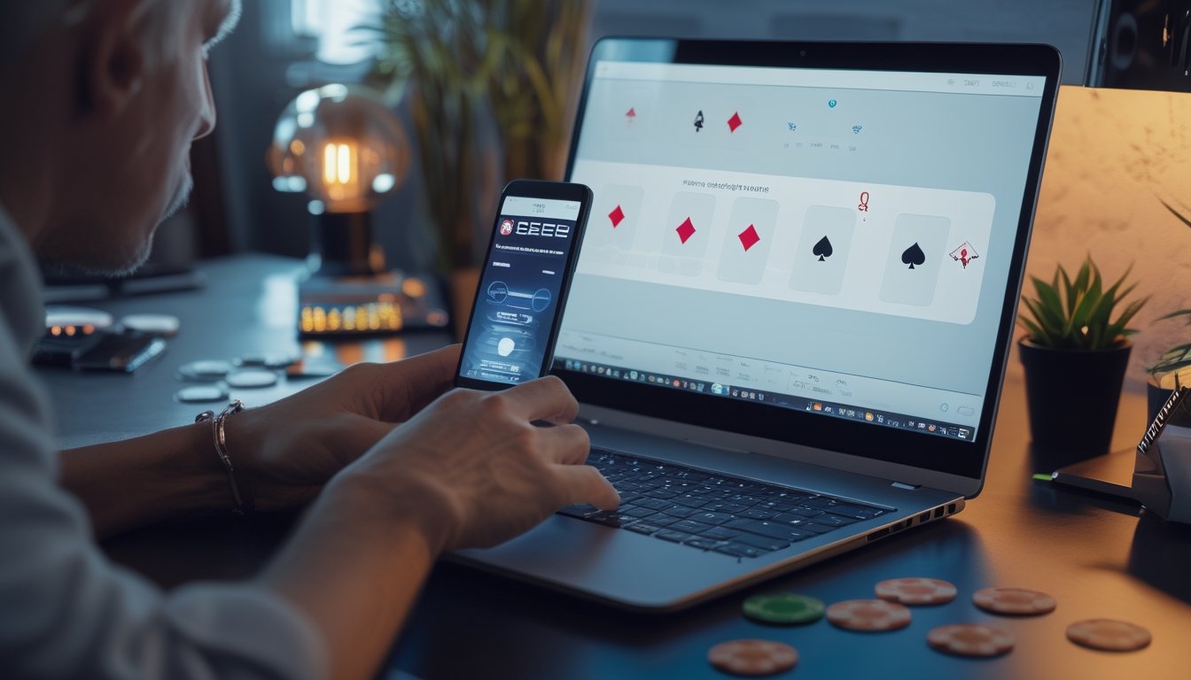 Seorang pemain dewasa membandingkan platform poker digital melalui laptop dan ponsel di meja modern.