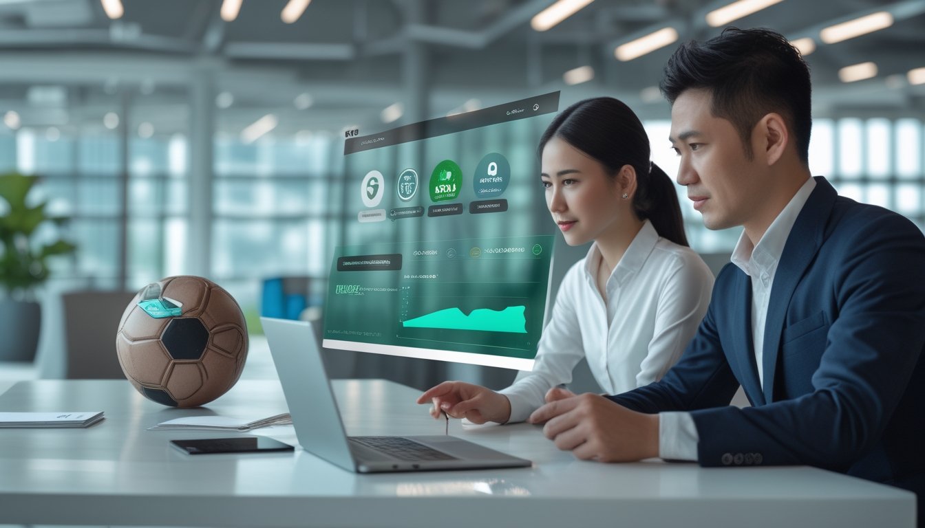 Dua orang dewasa meninjau analitik digital dan indikator keamanan di ruang kerja modern dengan elemen sepak bola.