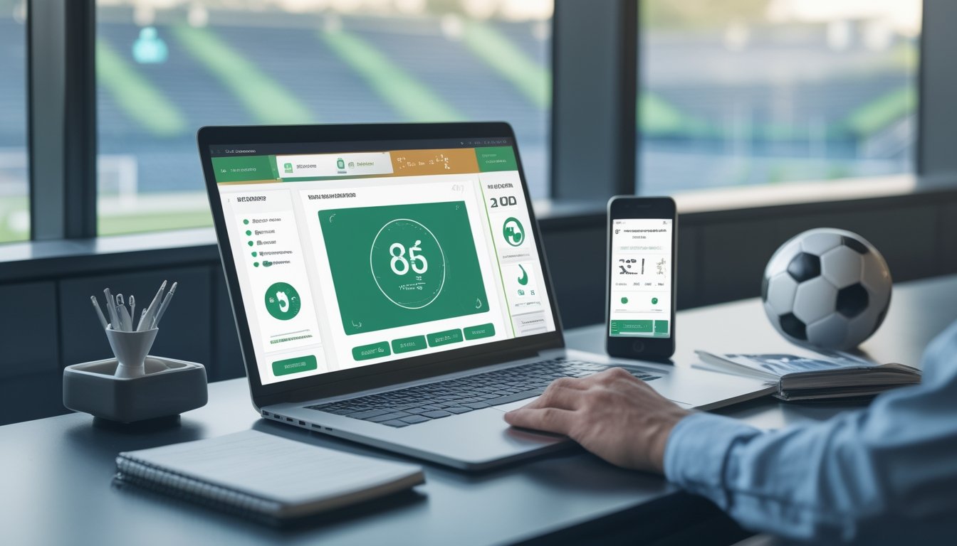 Laptop dan ponsel menampilkan analisis data sepak bola di atas meja kerja dengan bola sepak dan perlengkapan tulis.