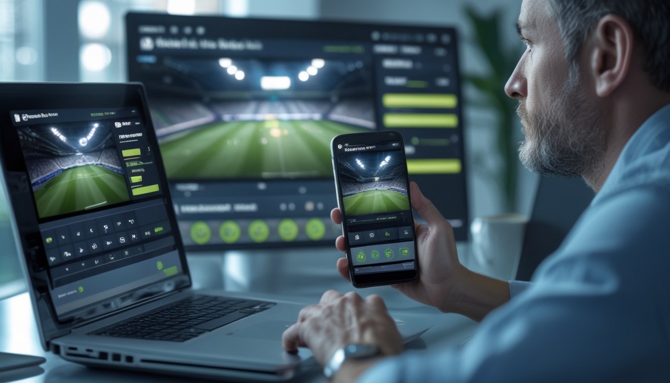 Seseorang mengamati tayangan pertandingan sepak bola dan analisis pertandingan pada laptop dan ponsel.