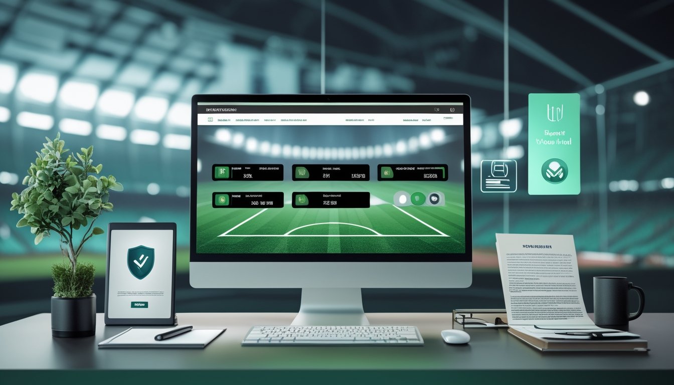 Meja kerja modern dengan layar yang menampilkan antarmuka pertandingan sepak bola dan dokumen legalitas.