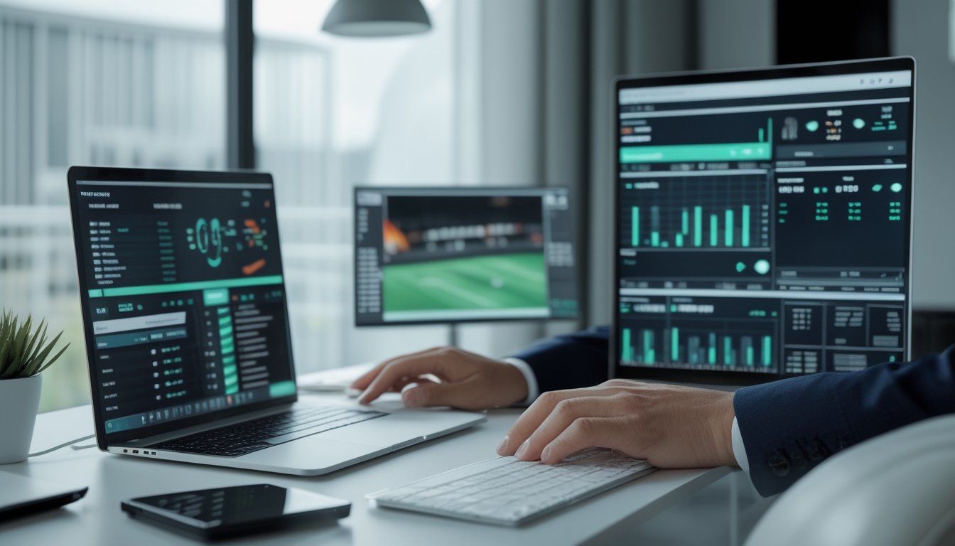 Seorang bettor profesional membandingkan statistik pertandingan sepak bola dan indikator keamanan platform di ruang kerja modern.
