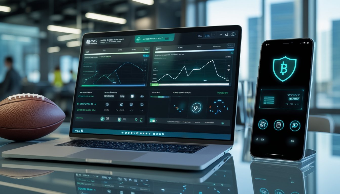 Laptop dengan dashboard pertandingan sepak bola abstrak, ponsel dengan dompet digital, dan simbol transaksi kripto di meja kerja modern.