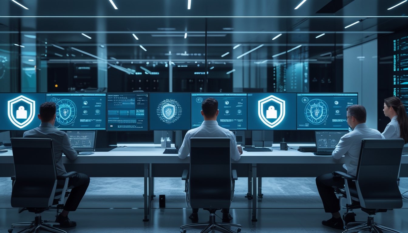 Tim keamanan siber memantau sistem perlindungan data dan akun digital di ruang kerja modern.