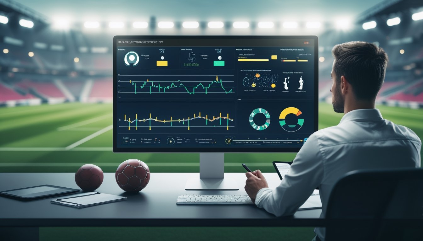 Analis sepak bola mempelajari grafik tren pertandingan di depan layar dengan latar stadion.