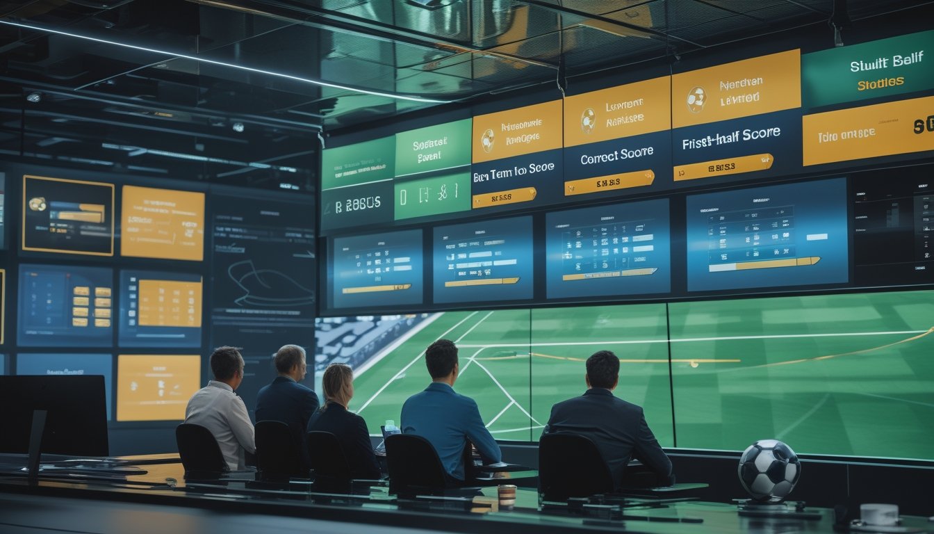 Analis olahraga membahas statistik pertandingan sepak bola di ruang analisis modern dengan layar data dan diagram lapangan.