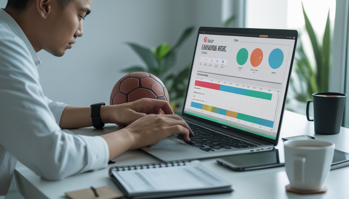 Seorang penggemar sepak bola mempelajari analisis pertandingan di laptop pada meja kerja modern.