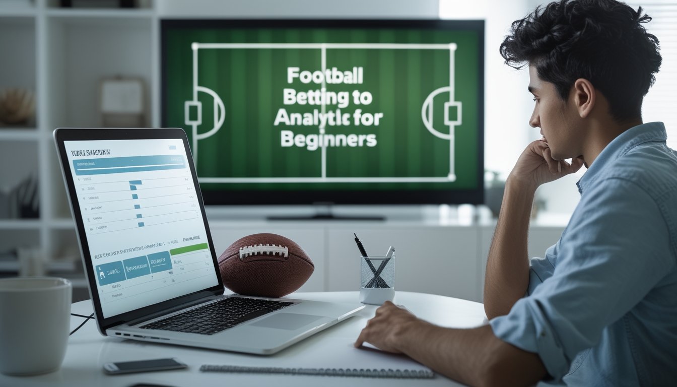 Pemula mempelajari analisis pertandingan sepak bola di meja kerja dengan laptop, bola, buku catatan, dan ponsel.