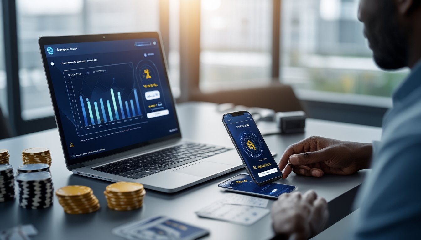 Orang dewasa menganalisis statistik poker digital di meja kerja dengan laptop, ponsel, kartu, dan keping poker.
