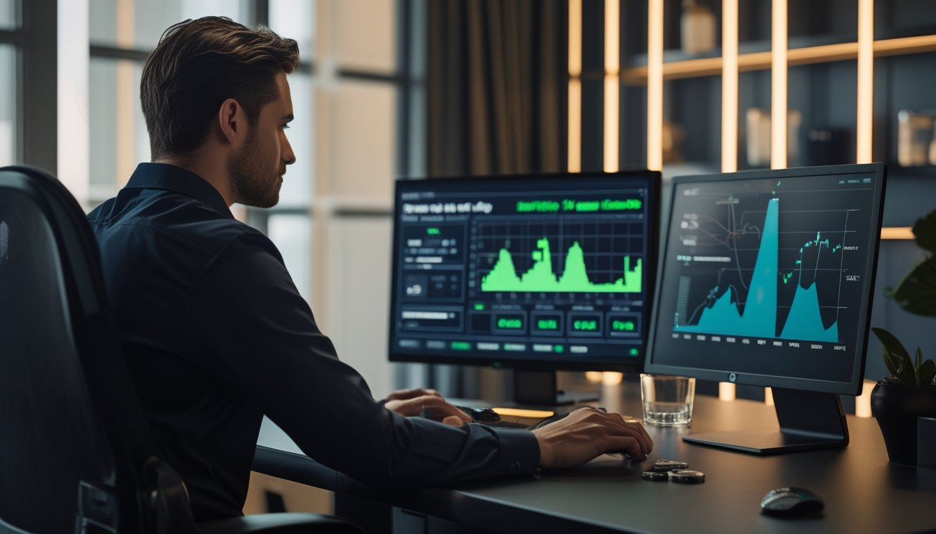 Pemain poker online menganalisis kartu, chip, dan grafik statistik di meja kerja modern.
