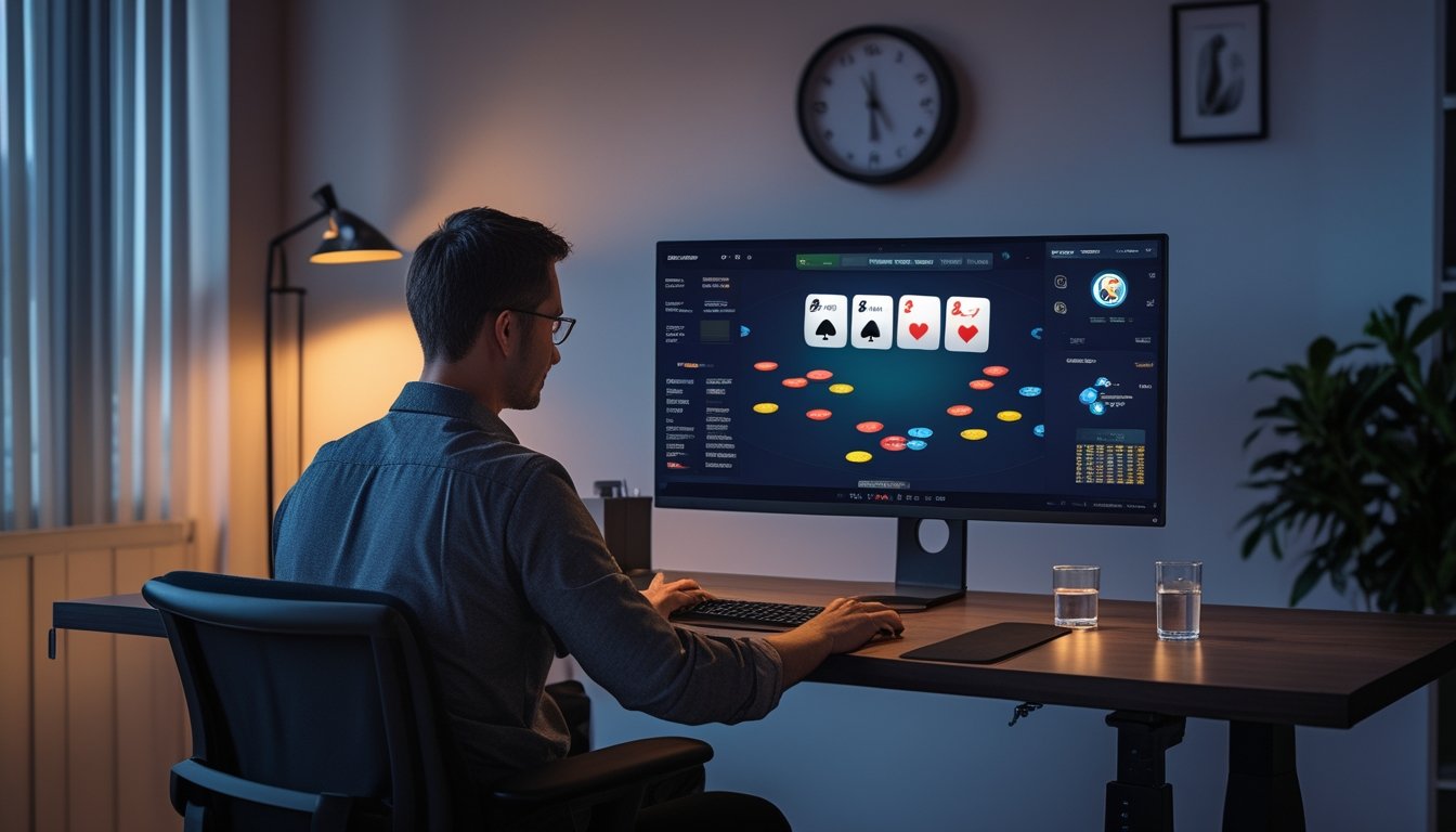 Seorang dewasa bermain poker online di meja dengan laptop, jam dinding, dan suasana sore yang tenang.