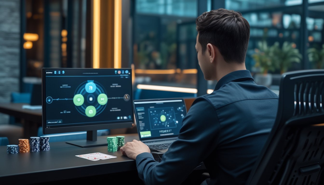 Pemain dewasa mengamati meja poker digital di laptop dengan chip poker, kartu, dan jam di meja.
